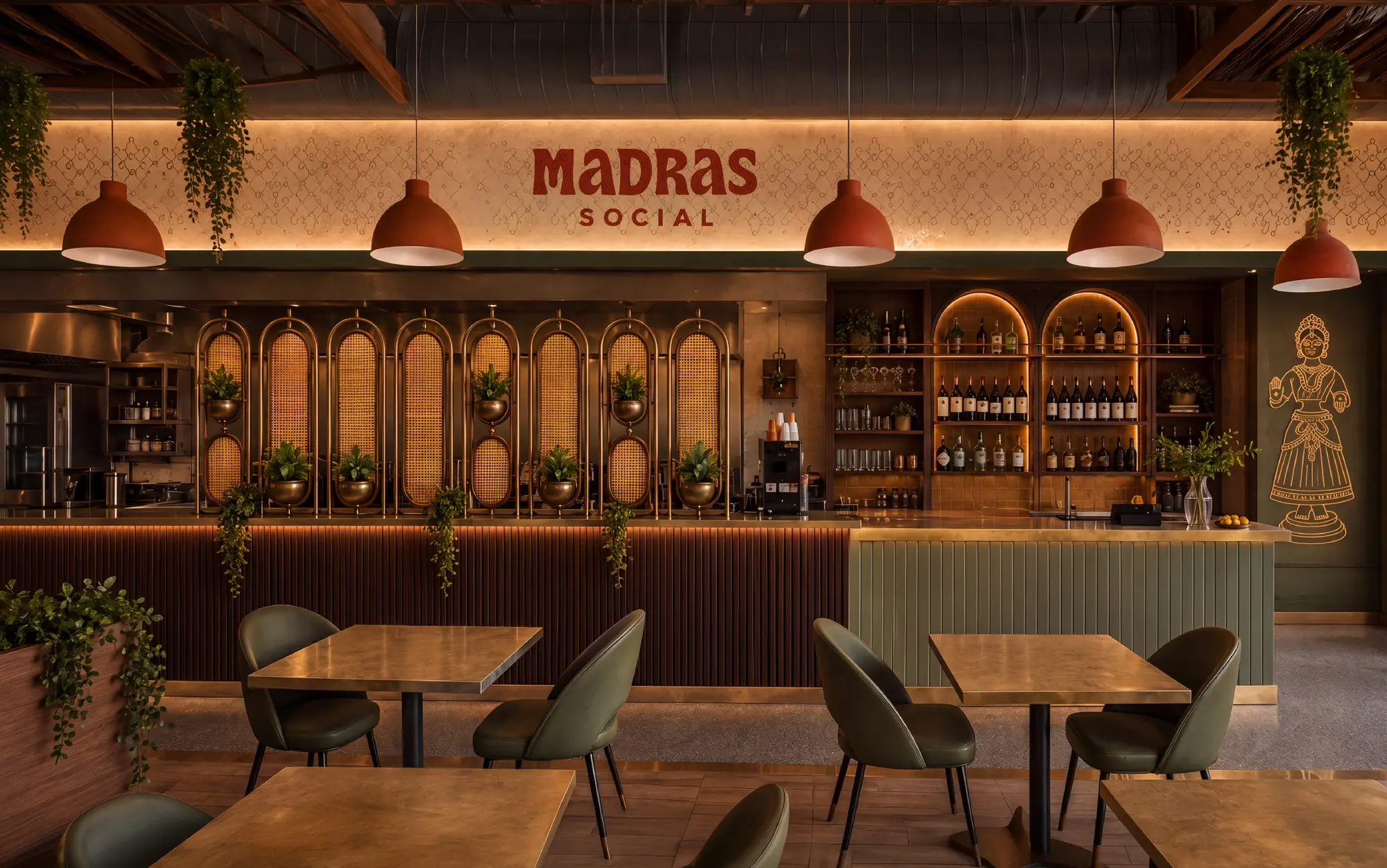 The Madras Social dining room: terracotta pendants over green banquettes, the wordmark lit on the back wall, the Thanjavur Bommai drawn on the wall to the right